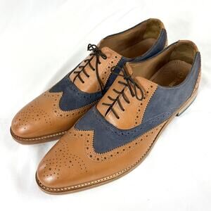 Samuel Windsor Oxford Shoes Mens 12 Tan Leather Navy Suede Lace Up Wingtip